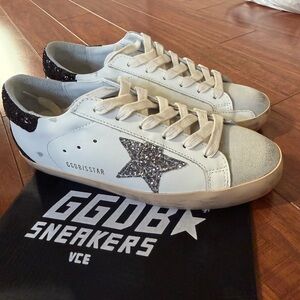 Golden Goose White Sneakers with Black Glitter